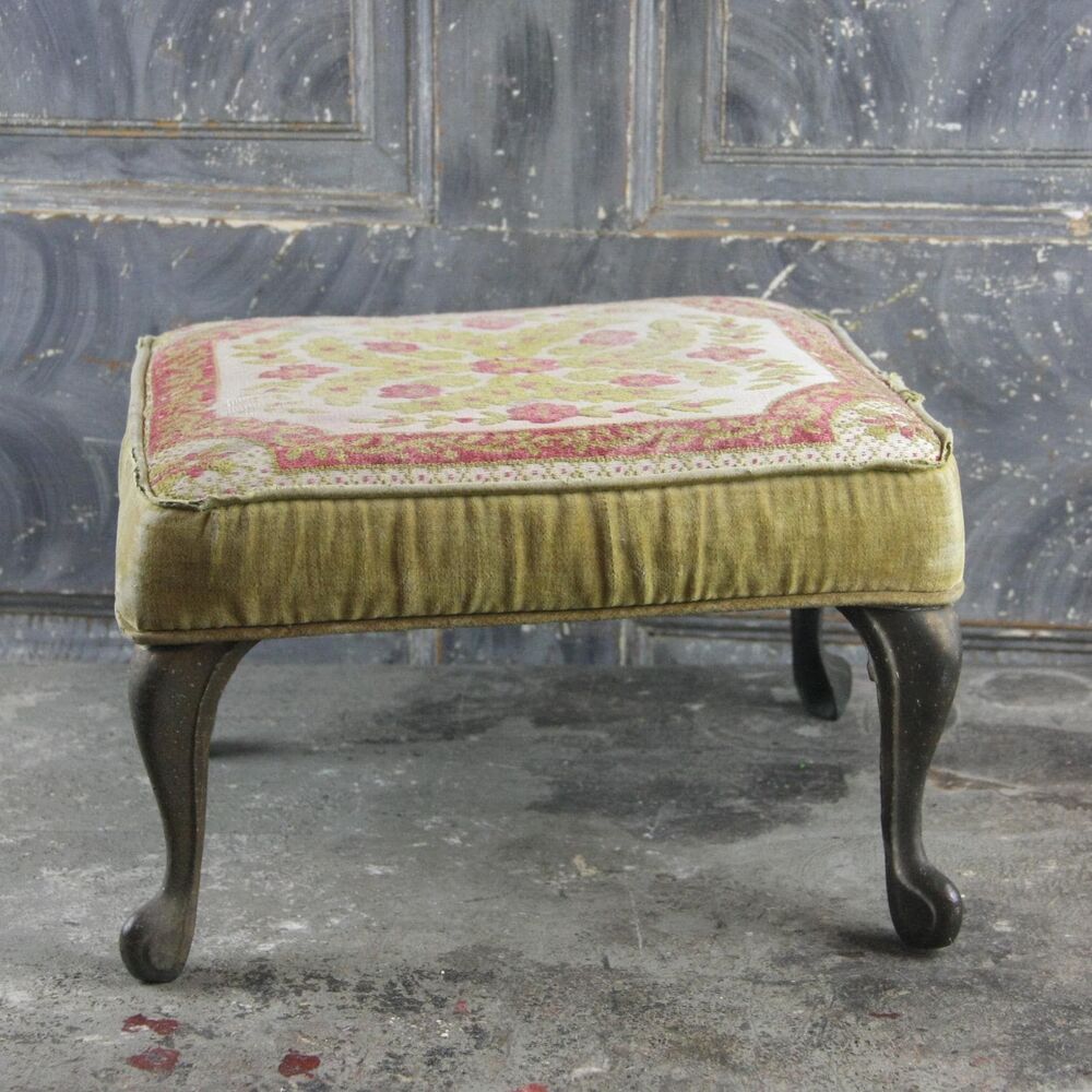 Vintage Rectangular Iron Metal Foot Stool with Iron Legs and Velvet Tapestry top